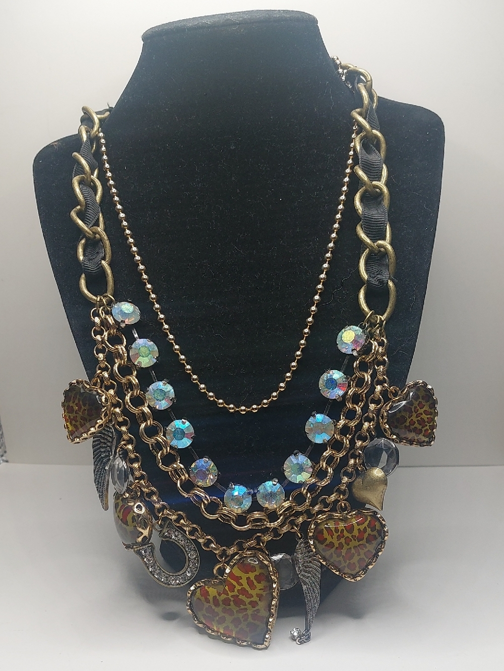 Betsey Johnson Leopard Lucite Puffy Heart Charm 4 Tiered Statement Necklace